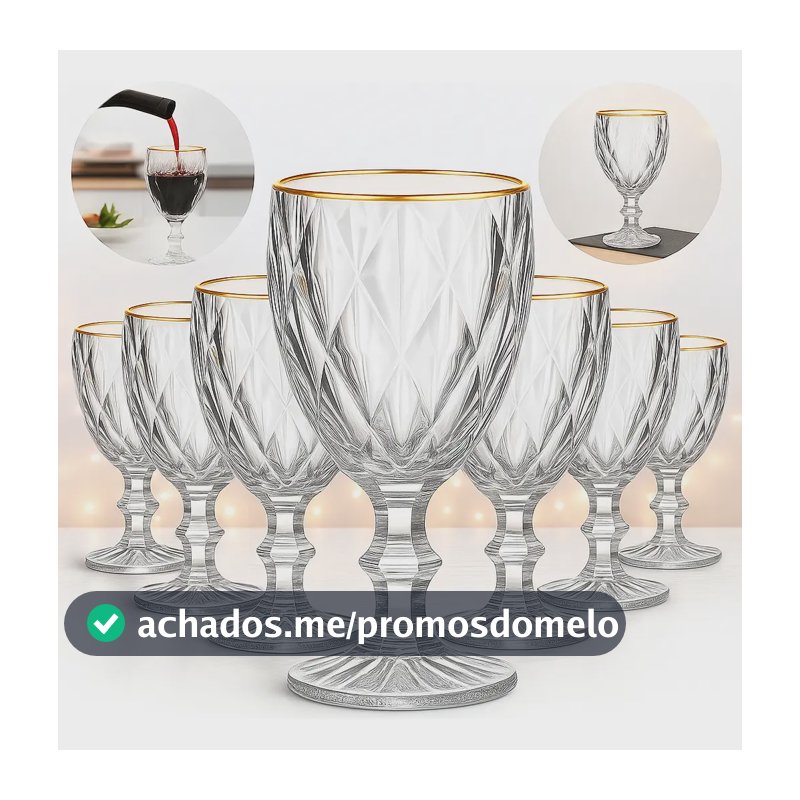 Jogo 6 Taças Diamante Luxo 330ml Copo Diamond Borda Dourada Vidro / Borda Dourada