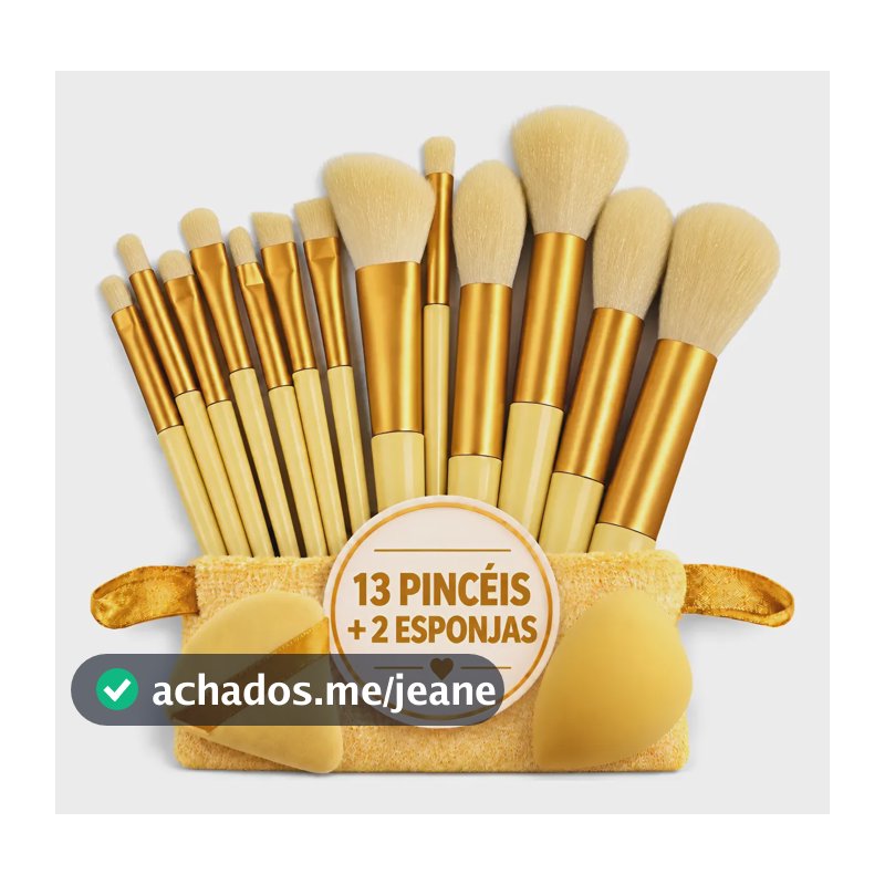 Kit Pincéis De Maquiagem 15 Peças: 13 Pincéis + 2 Esponjas Amarelo
