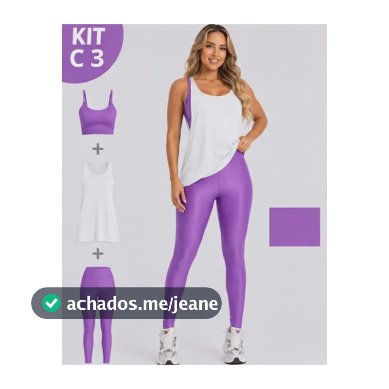 Kit 3 Peça Fitness Roupa Academia Legging + Cropped + Regata Roxo M
