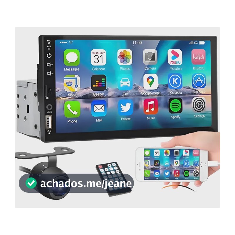 Central Multimídia Mp5 Universal Tela 7' P Touch + Câmera Ré Kit Multimidia 1 Din Com Câmera De Ré
