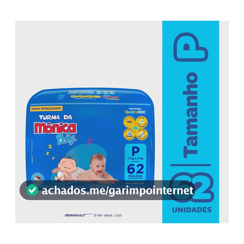 Fraldas Descartáveis Baby Qu4troSec Com 62 Unidades Tamanho P Turma da Mônica