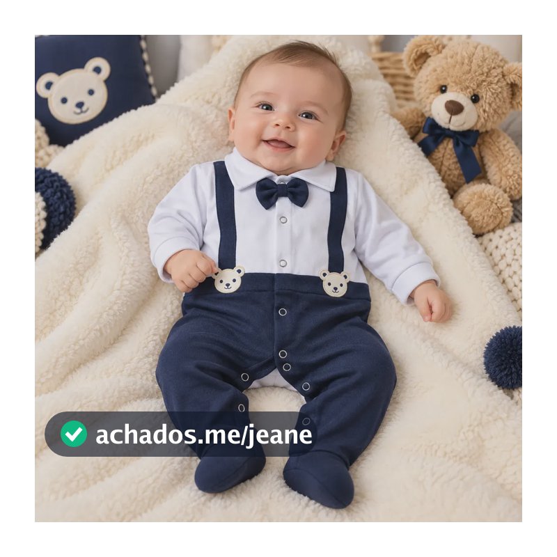 Lindo Macacão Bebê Menino Em Malha De Algodão Azul-marinho P