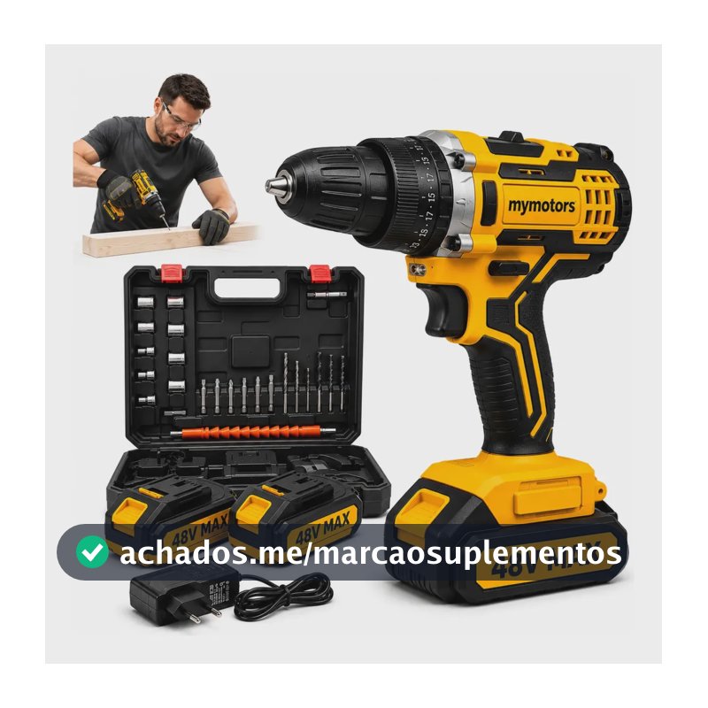Parafusadeira Furadeira 48v Profissional 2 Baterias Sem Fio Amarelo 127/220v 60 Hz