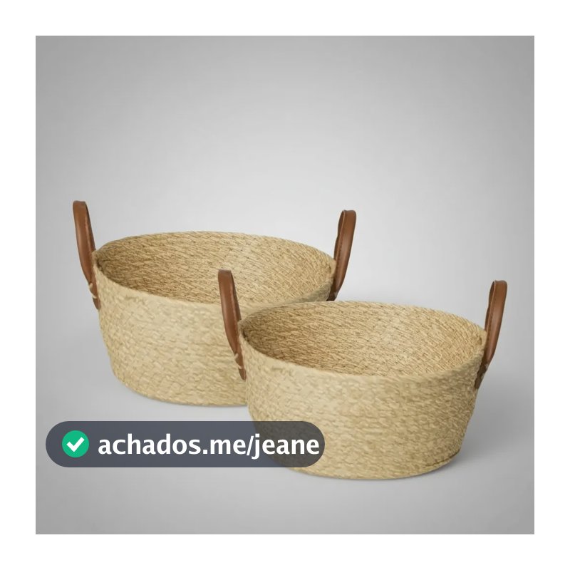 Kit 2 Cesta Fibra Natural Palha Trançada Alça Cesto 24x11 Cm Palha Mocca