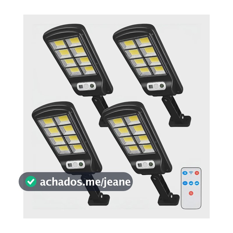 Kit 4 Luminária Solar 600w Sensor Presença Controle Remoto Solar Preto
