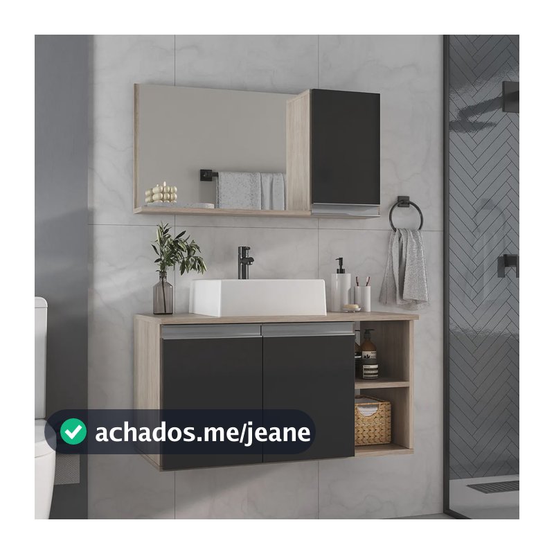 Kit Gabinete Banheiro Virtus 80cm Preto Madeirado com Cuba Elevada Espelheira 2 Portas 2 Nichos MDF/MDP Armário Suspenso Lavabo