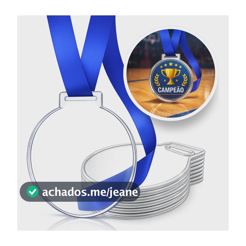 Medalha Acrílico Cristal Kit 50 Un - 5cm 2mm C/ Fita Azul