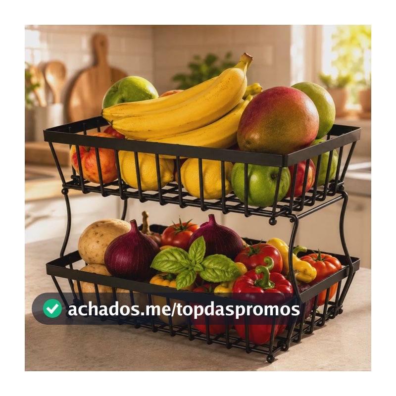 Fruteira Metálica De Mesa 2 Andares Organizador Frutas Preta Preto