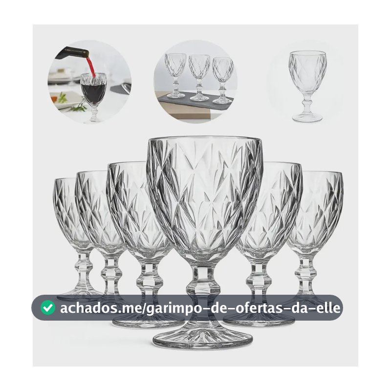 Kit 6un Taça Diamante Lapidada 340ml Para Vinho E Drink Transparente