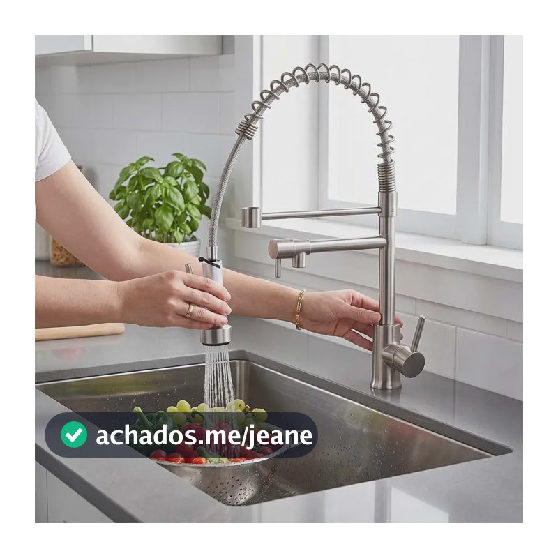 Torneira Monocomando de Cozinha Ducaly Flexível 360° para Bancada, com Jato Direto e Spray em Aço Inoxidável