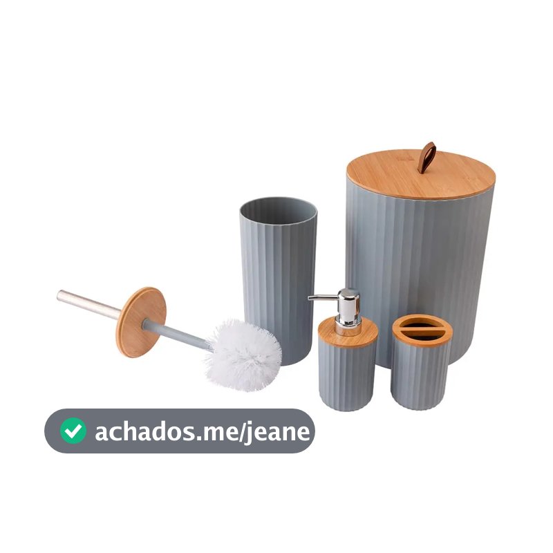 Kit 4 Pcs Banheiro Lavabo Lixeira Porta Escova Luxo Bambu Cor Cinza Redondo