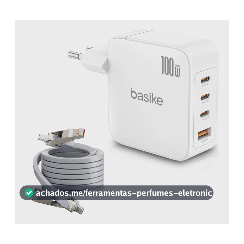 Carregador de Parede Basike 100W Turbo GaN com 3 USB-C e 1 USB-A, e Cabo de Dados 4 em 1