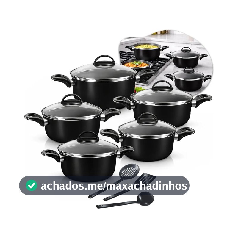 Conjunto De Panelas Caçarolas 5 Peças Antiaderente Com 3 Utensilios E Tampa De Vidro Preto