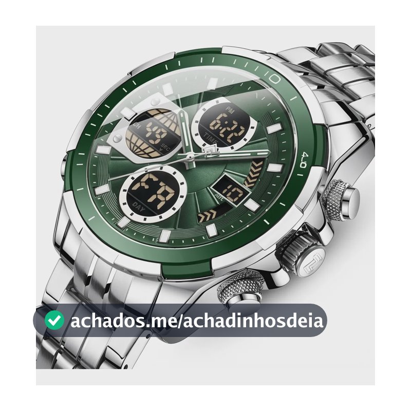 Relógio Quartzo Luxo Masculino Visor Duplo Aço Prateado 9197 - Verde Prateado