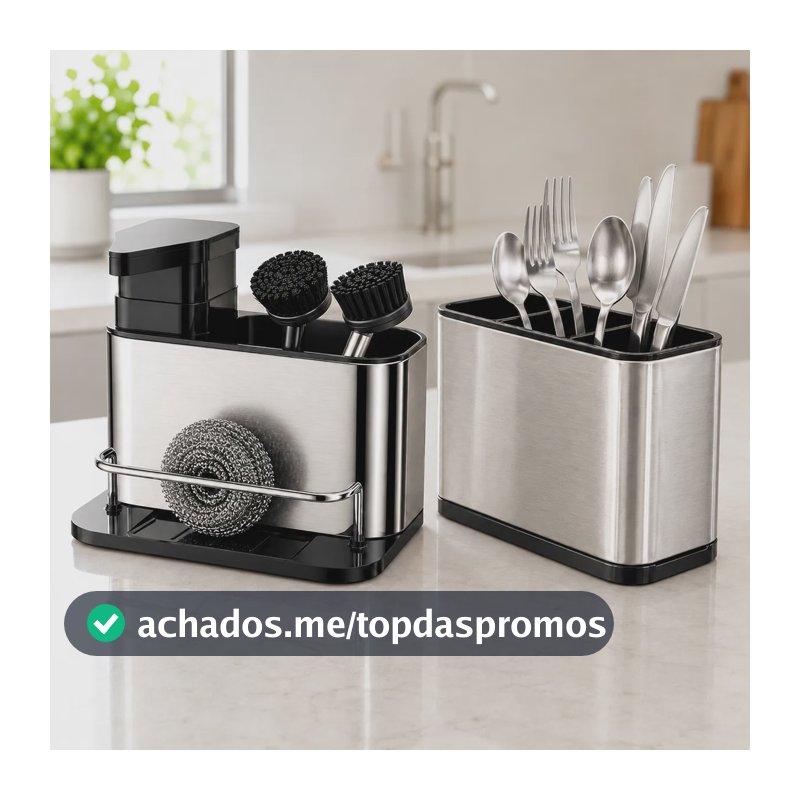 Kit Inox: Porta Talheres 4 Divisões Escorredor Prateado + Porta Detergente Dispenser 3 Em 1 Prateado