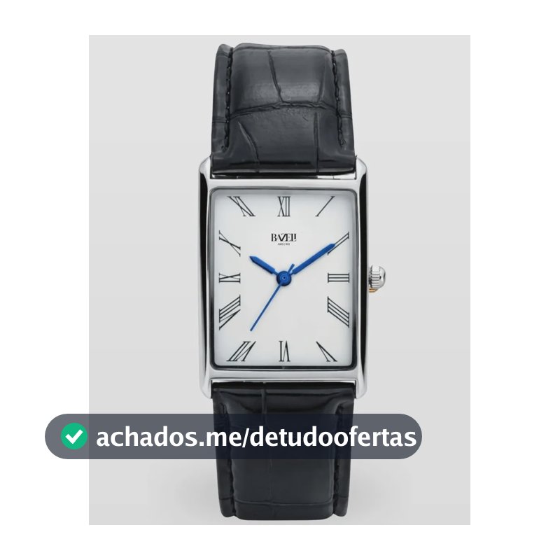 Relógio Masculino Quadrado Prata Couro Croco Preto Preto Prata Branco