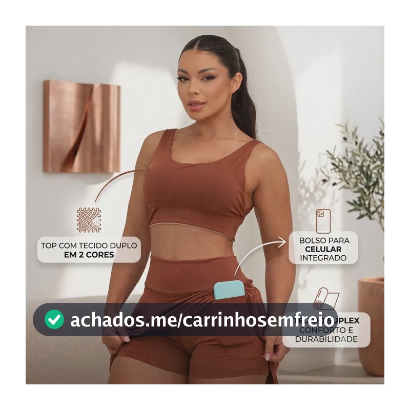 Conjunto Short Saia Com Bolso E Top Feminino Beach Tennis Marrom Liso G (40/42)