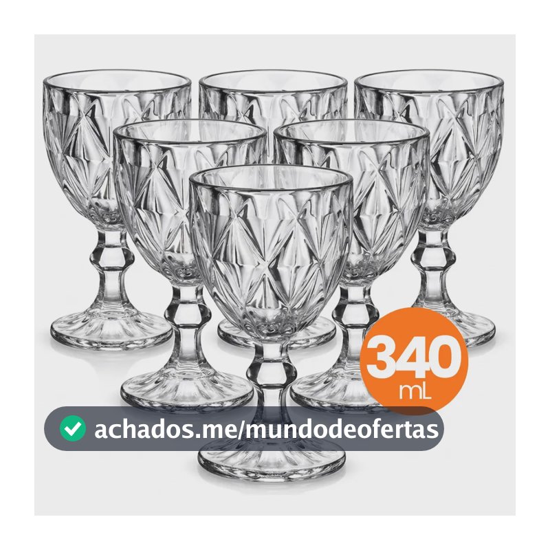 Jogo 6 Taças Vidro Diamond 340ml Conjunto Mesa Posta Água Suco Cozinha Decoração Presente