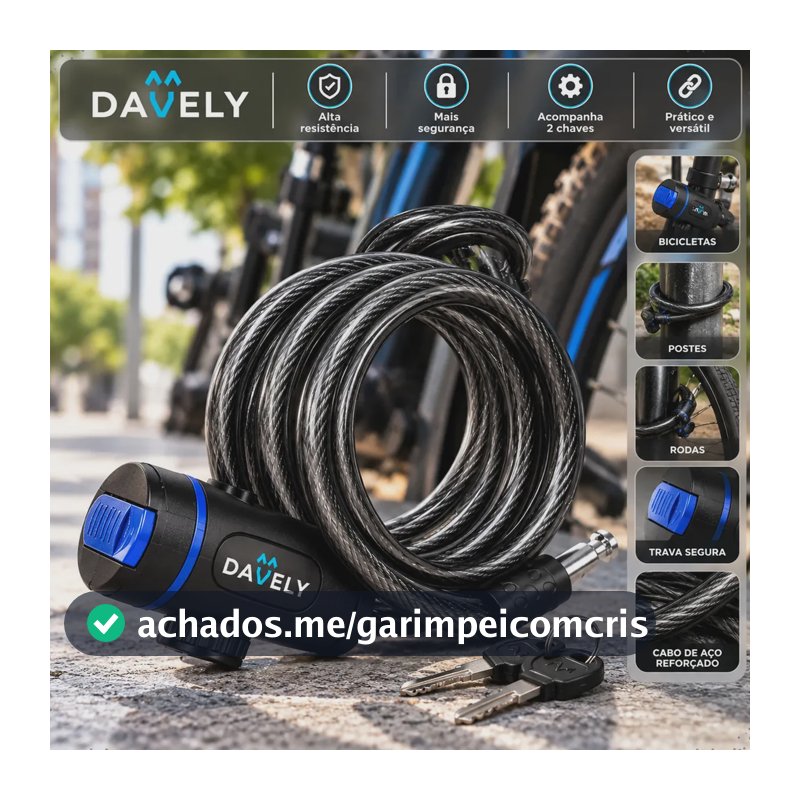 Cadeado Bicicleta Cabo de aço Corrente Prender bicicleta Reforçado Trava Segurança 1,5M Com Suporte Chave Corrente Prender Bicicleta Cadeado Marca Davely Bike Segurança