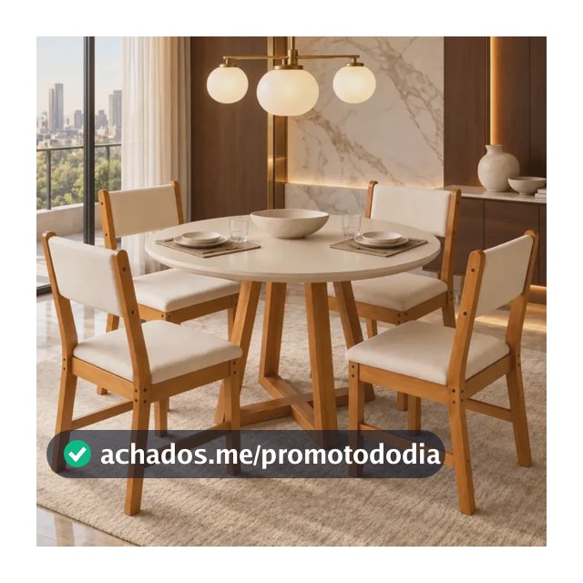 Sala de Jantar Mesa Redonda Valentina Off White Nature com 4 Cadeiras Lugano Freijó Marfim Estofadas Suede Sala Cozinha Moderna