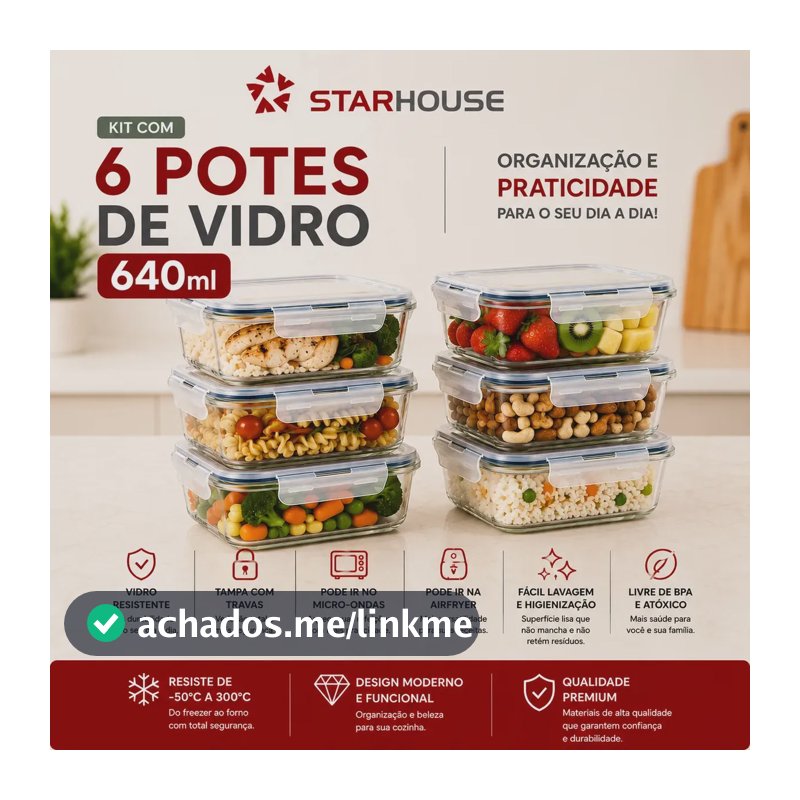 Kit 6 Potes 640ml Vidro Hermético 4 Travas Marmita Refratario Star House com 4 travas de super vedação