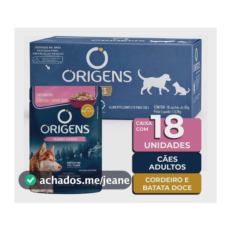 Caixa 18 Un Origens Sachê Cães Adultos Cordeiro 85g Úmida