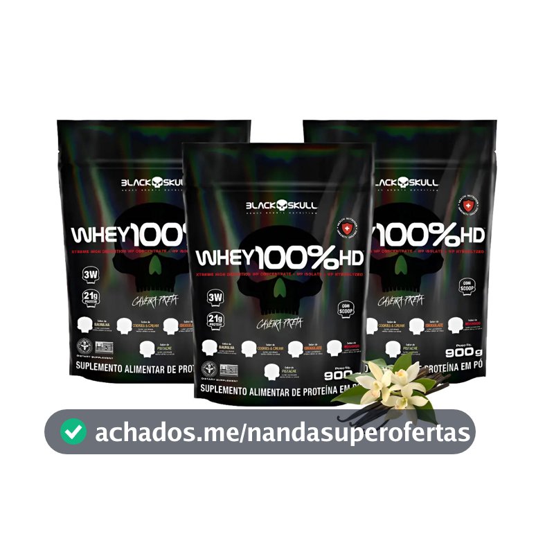 Whey Protein 100% Hd Kit 3 Unidades Suplemento Black Skull Sabor Baunilha