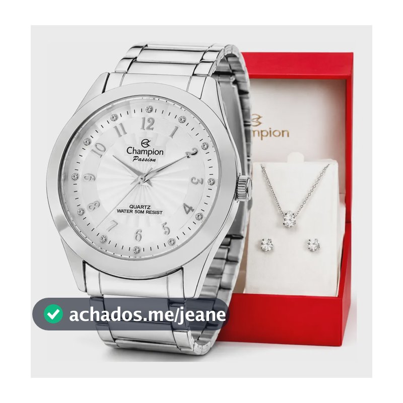 Relógio Champion Feminino Prata Colar Brincos Kit Aço Inox Prata Branco 4