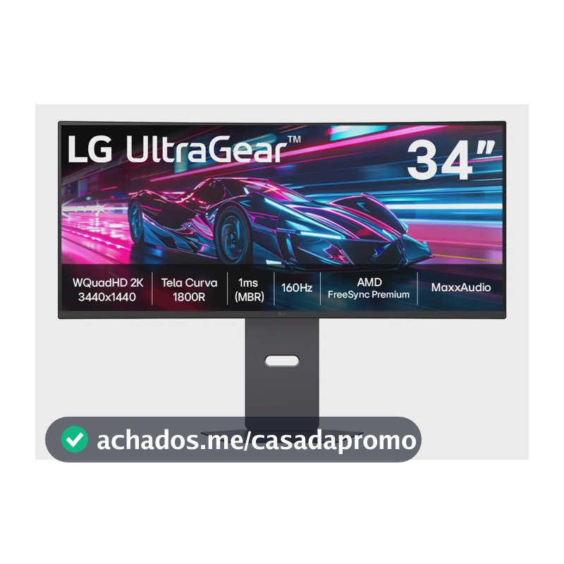 Monitor Gamer LG UltraGear Curvo 34"- QuadHD 2K, UltraWide 1800R, 160Hz, 1ms (MBR), AMD FreeSync Premium, HDR10, MaxxAudio, Preto -34G600A