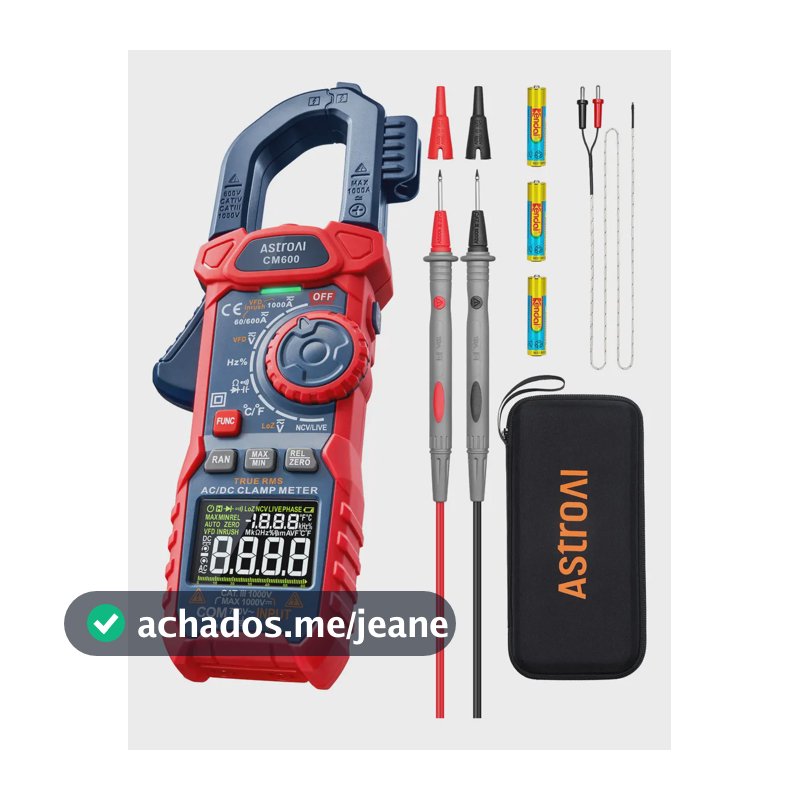 Alicate Multímetros profissional Digital AstroAI CM 600 pinça de corrente Inrush,1000A TRMS, teste de corrente e tensão com VFD,modo LOZ;mede corrente CA/CC,tensão,temperatura,resistência,capacitância