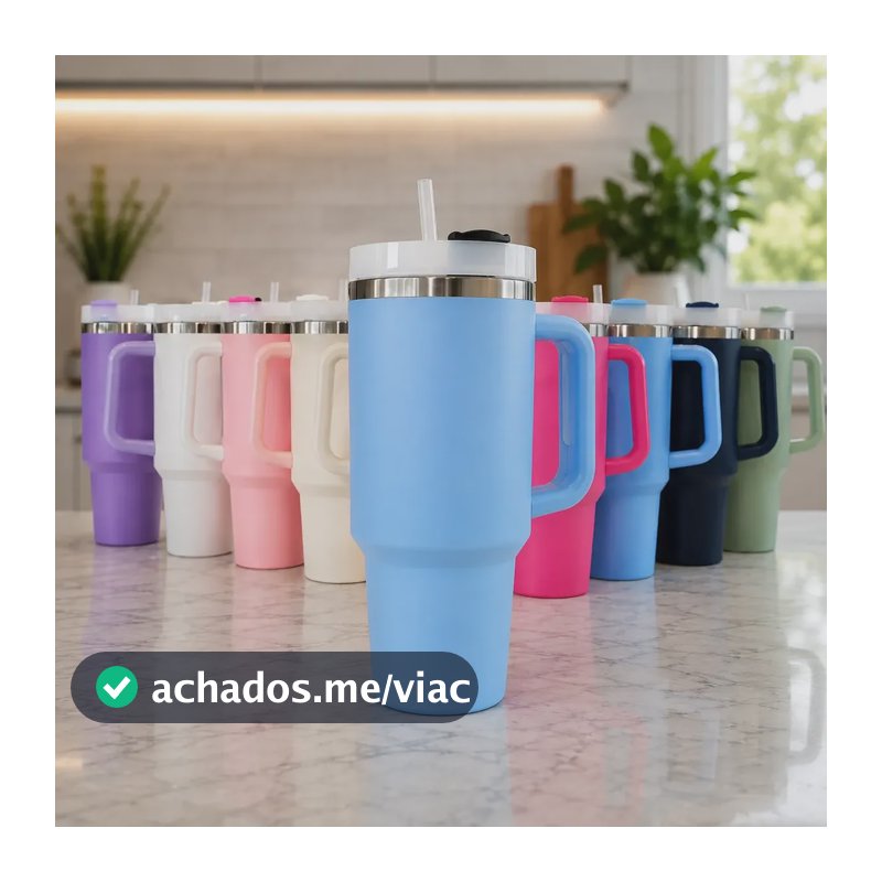 Copo Térmico Inóx Com Canudo E Tampa Grande 1200ml 1.2litros Azul Celeste Liso