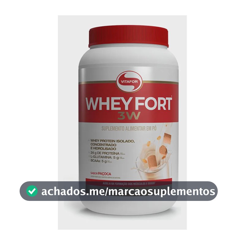 Suplemento Proteico Vitafor Whey Fort 3W Sabor Paçoca Proteínas Concentrada, Isolada e Hidrolisada Pote 900g