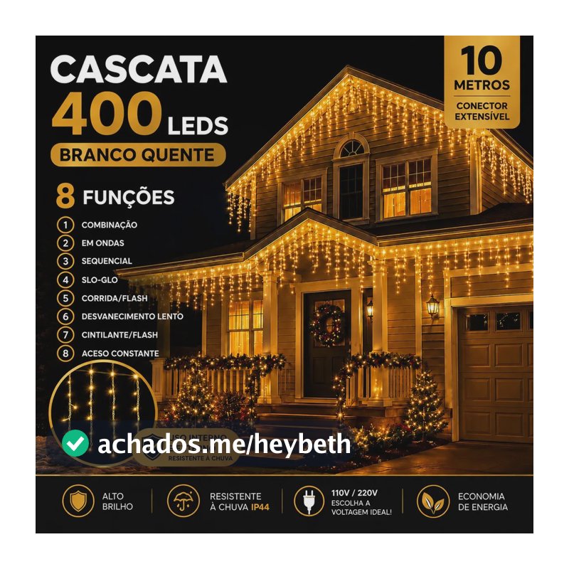 Cascata Natal com 8 Funções 400 Leds 10 Metros Branco Quente Extensível Macho Fêmea A Prova D'agua área interna e externo para Casa e Apartamento LARUNO