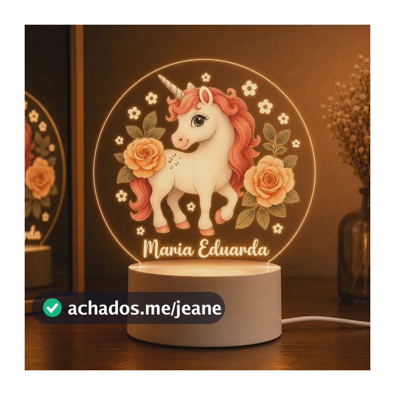 Luminária Uv Unicórnio , Quarto Bebe - Nome Personalizável. Branco