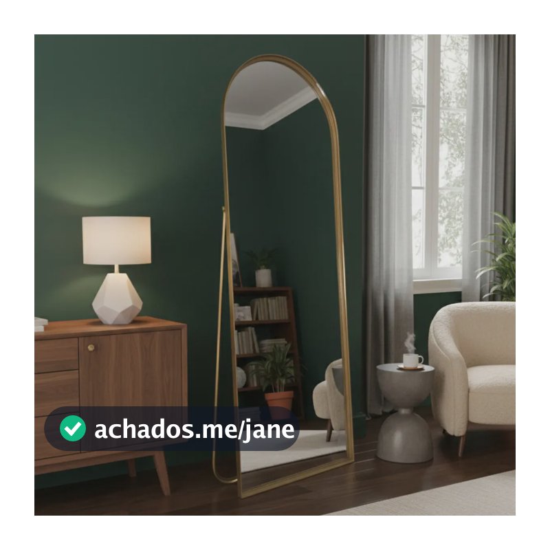 Espelho De Chão Base Reta Corpo Inteiro Com Moldura E Suporte Dourado 146x36cm