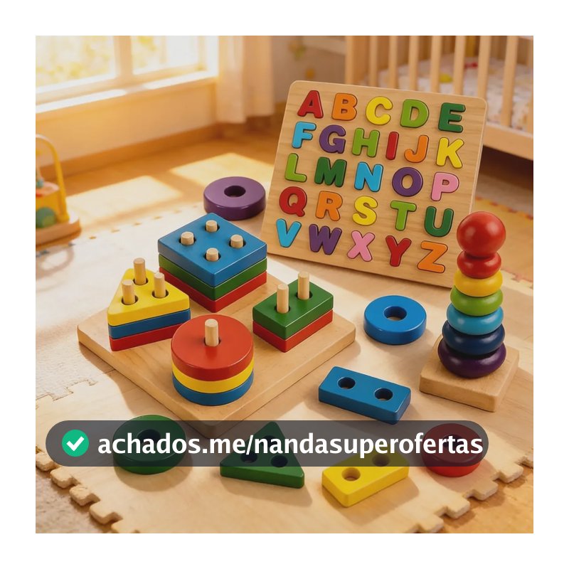 Kit 3 Montessori Brinquedo Pedagógico Madeira Encaixe Formas Colorido