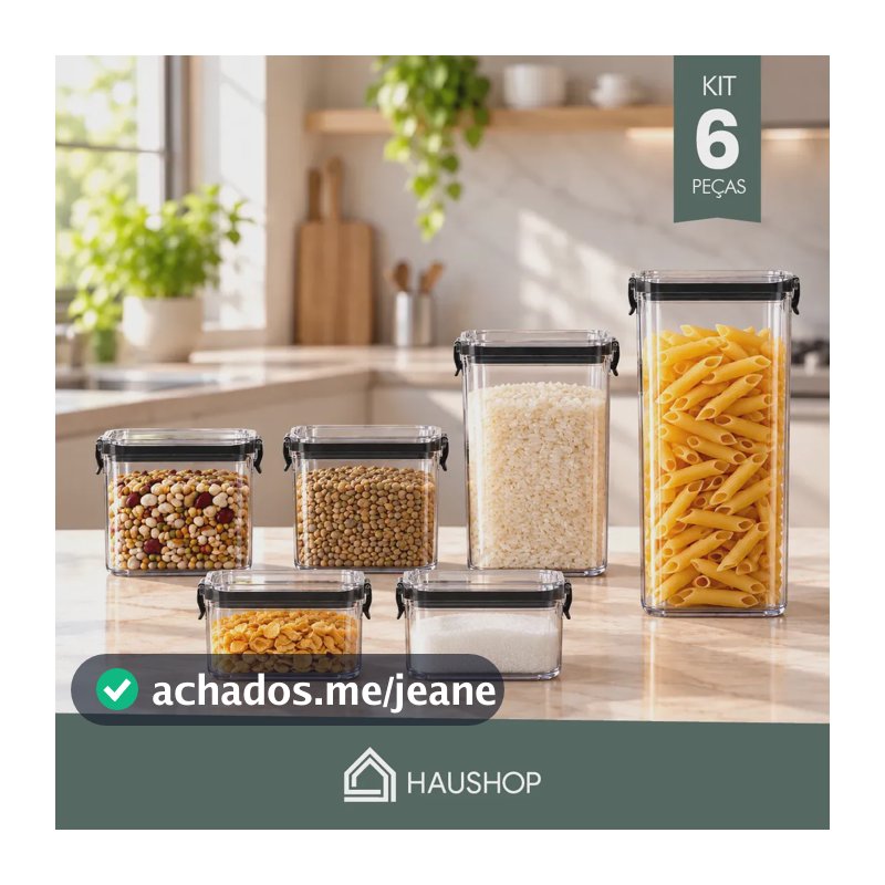 Kit 6 Potes Herméticos Quadrados Haushop para Armazenamento de Alimentos Organizador de Cozinha com Vedação e Corpo Transparente
