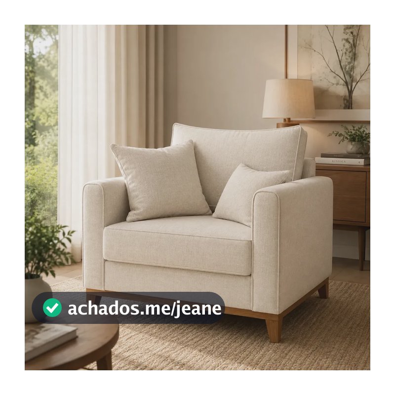 Poltrona Decorativa Beny de Linho Nobre Cru Com Pés de Madeira e 2 Almofadas