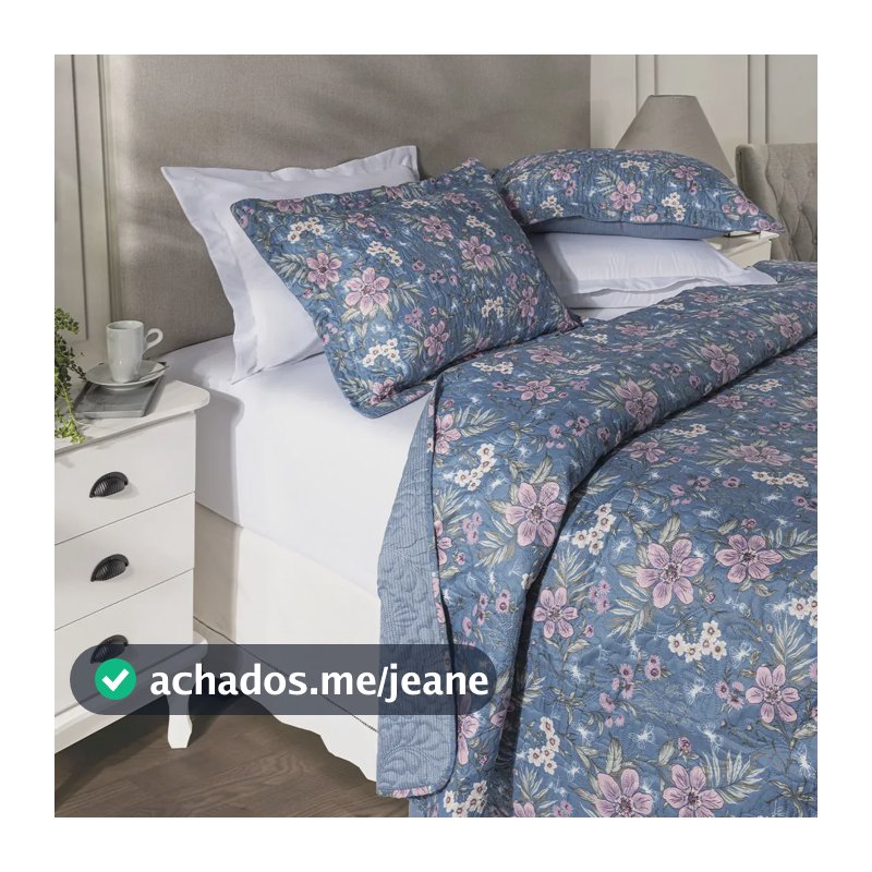 Kit Cobre Leito Colcha Casal 3 Peças Boutis Dupla Face Porta Travesseiro Aba Americana Catarina Azul