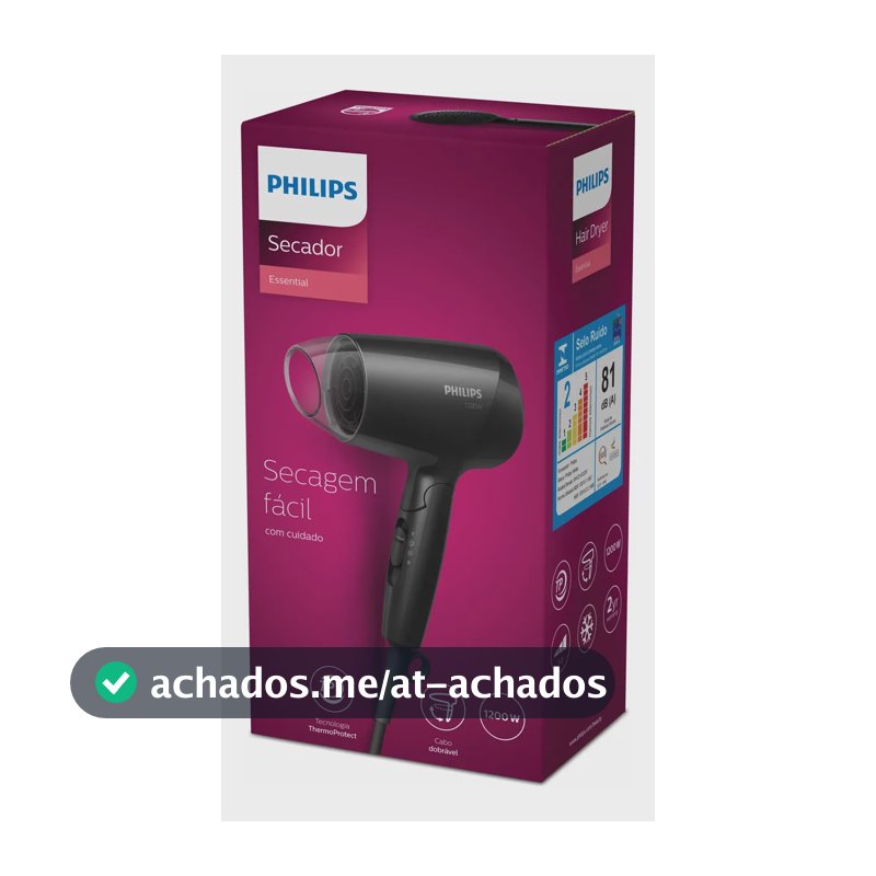 Philips Secador de Cabelo Essential 1200W Compacto com ThermoProtect Secagem prática e suave | Cabo dobrável para viagem | 3 ajustes de secagem | BHC010/81