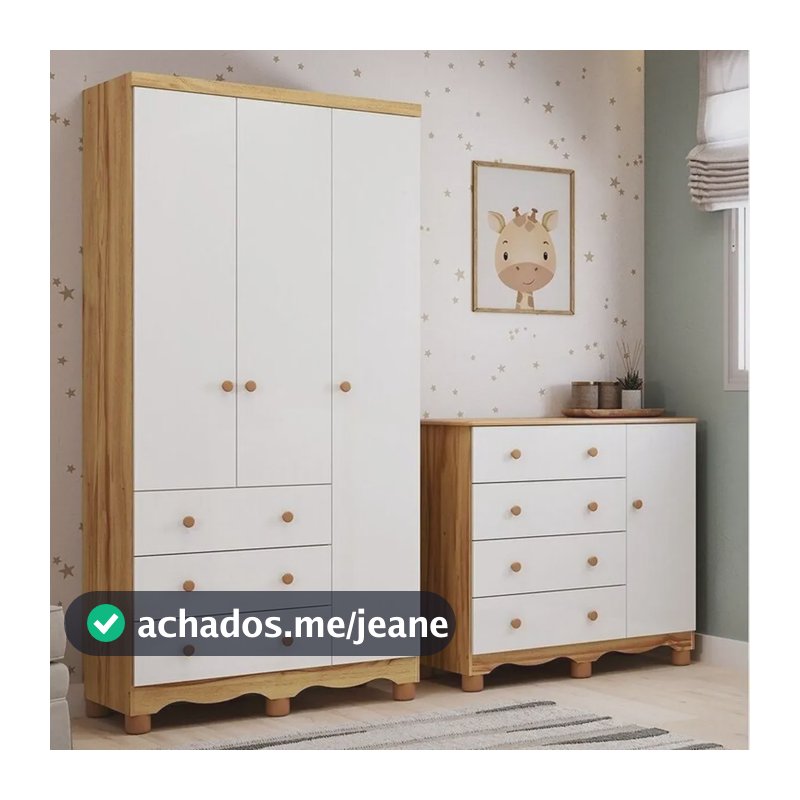 Quarto Infantil Com Guarda-roupa 3 Portas E Cômoda 1 Porta Branco Brilho/amêndoa