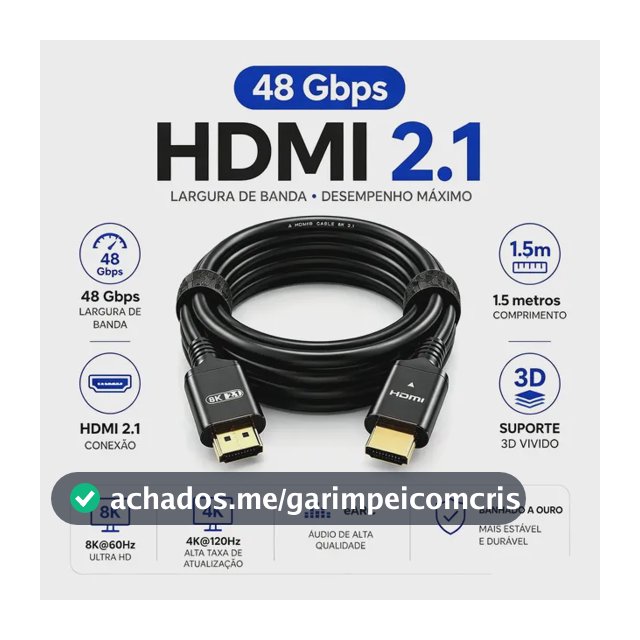 Cabo HDMI 2.1 1.5m 48Gbps 8K Ultra HD 4K 120Hz Blindado Banhado a Ouro