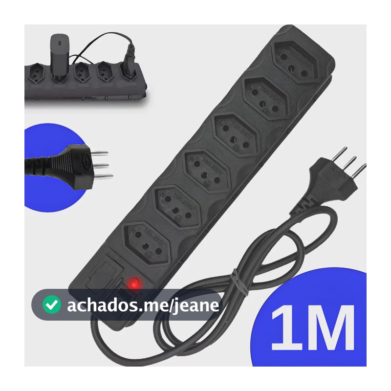 Régua Extensão Elétrica 6 Tomadas Filtro Linha 10a Cabo 1 Metro