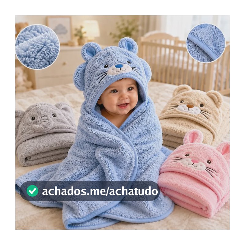 Toalha De Bebe Capuz Felpuda Infantil Roupão Macia Pós Banho Azul-aço