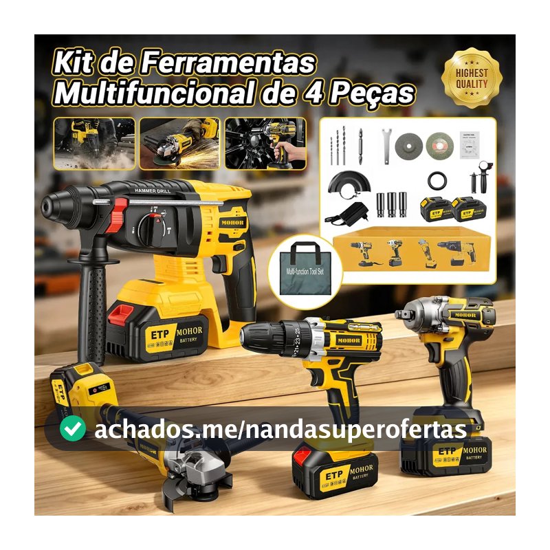 Kit Ferramentas Elétricas MOHOR 4 em 1 com 2 Baterias, Furadeira Parafusadeira, Martelete, Esmerilhadeira e Chave de Impacto