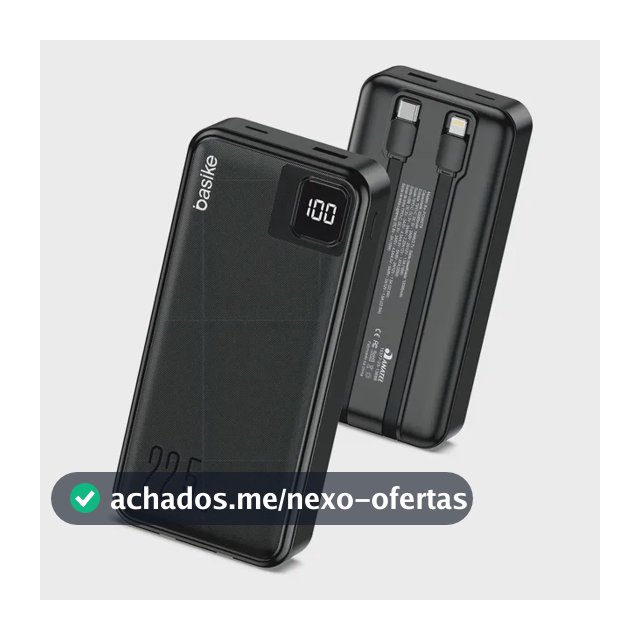 Power Bank Basike 20000mAh Preto, Carga Rápida 22.5W para iPhone e Samsung, Com Cabos Embutidos e Display