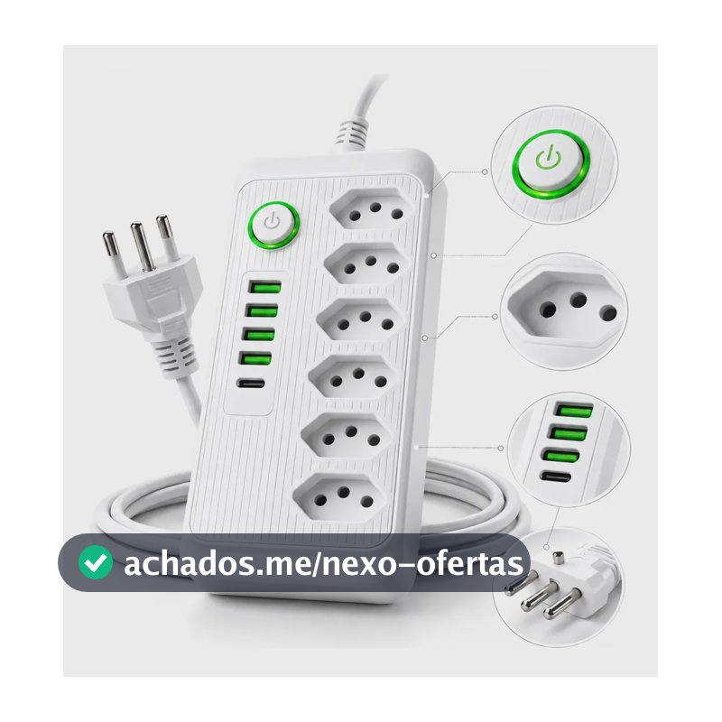 Extensão Régua Elétrica 5 Tomadas 4 Usb 2 Tipo C Cabo 2m Branco 127/220v