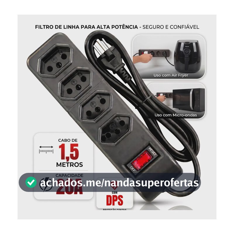 Filtro De Linha Profissional Protetor Elétrico 4 Tomadas 20a Cabo 1,5 Metros Bivolt Micro-ondas Air Fry Cafeteria Preto