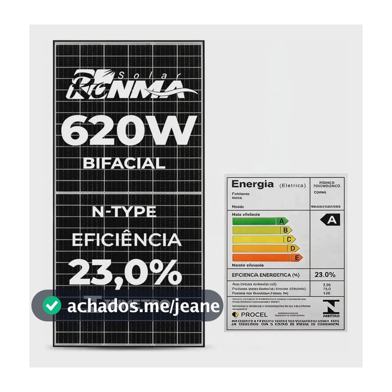 Painel Placa Solar Ronma 620w 132 Cél Bifacial N-type Topcon Preto 6200v V 49.6v V