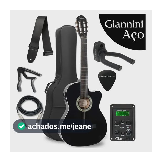 Kit Violao Giannini Eletroacustico Corda Aço Destro Flat Cutaway Profissional Eletrico Acustico Estudo Iniciante Preto Acessorios Completo Afinador Equalizador Correia Capa Cabo Bag Soundblue